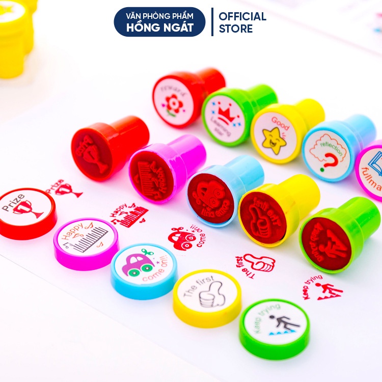 Bộ 10 con dấu lời khen thưởng tiếng anh bằng nhựa, đồ dùng giáo cụ dạy học trong học tập văn phòng phẩm GC32