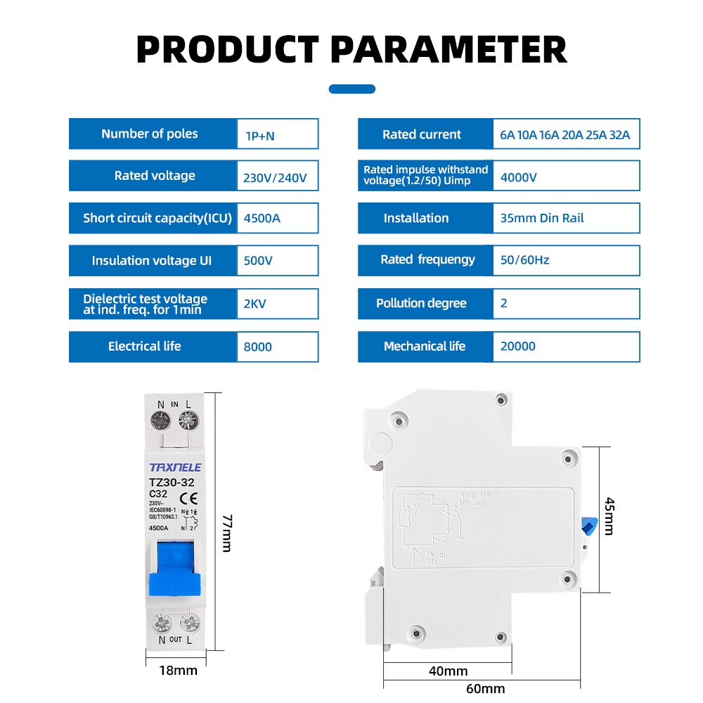 Cầu Dao TZ30-32 DPN 1P + N Mini MCB 6A 10A 16A 20A 25A 32A Din Dành Cho Gia Đình