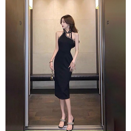 Đầm Váy Nữ Ôm Body Sườn Xám Đính Dây Cườm Đá  Thiết Kế Sang Chảnh Đi Làm Công Sở, Dạ Hội Và Du Lịch