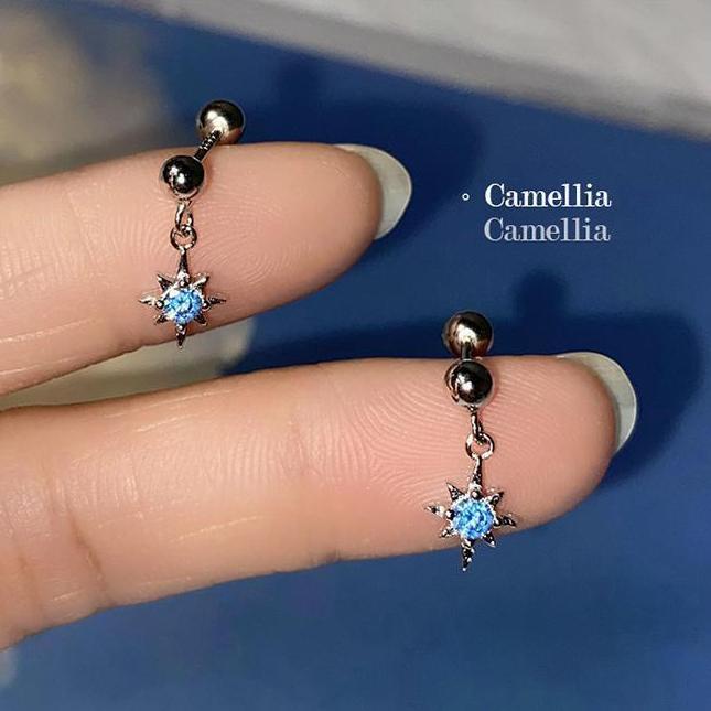 Khuyên Tai Đính Đá Hình Ngôi Sao Nhỏ Màu Xanh Dương Sáng Bóng ~ Bằng Bạc sterling Cá Tính Khi Ngủ