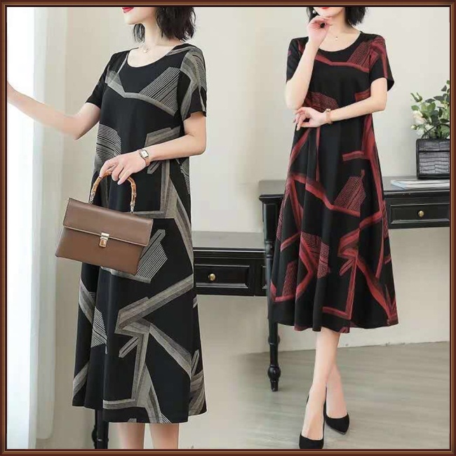 Đầm Midi Tay Ngắn Cổ Tròn Dáng Chữ A In Họa Tiết Trừu Tượng Thời Trang Xinh Xắn Cho Nữ