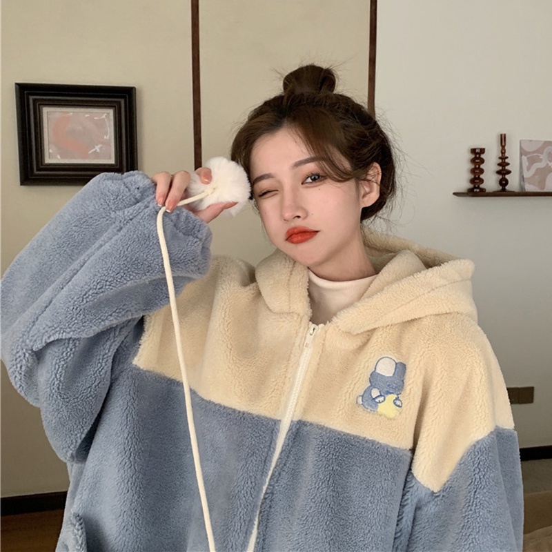 ZHELIHANGFEI Áo Khoác Len Lông Cừu Dáng Rộng Thiết Kế Ngọt Ngào Dễ Phối Đồ Thời Trang