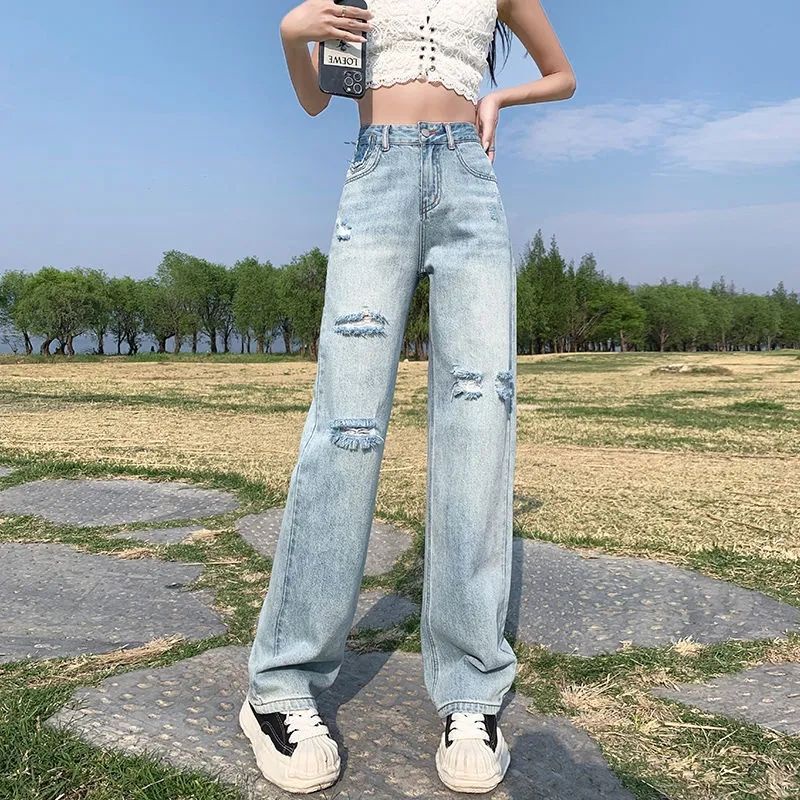 Jiashucheng Quần Jean Dài Lưng Cao Ống Rộng Phối Rách Thời Trang Mùa Hè Cho Nữ