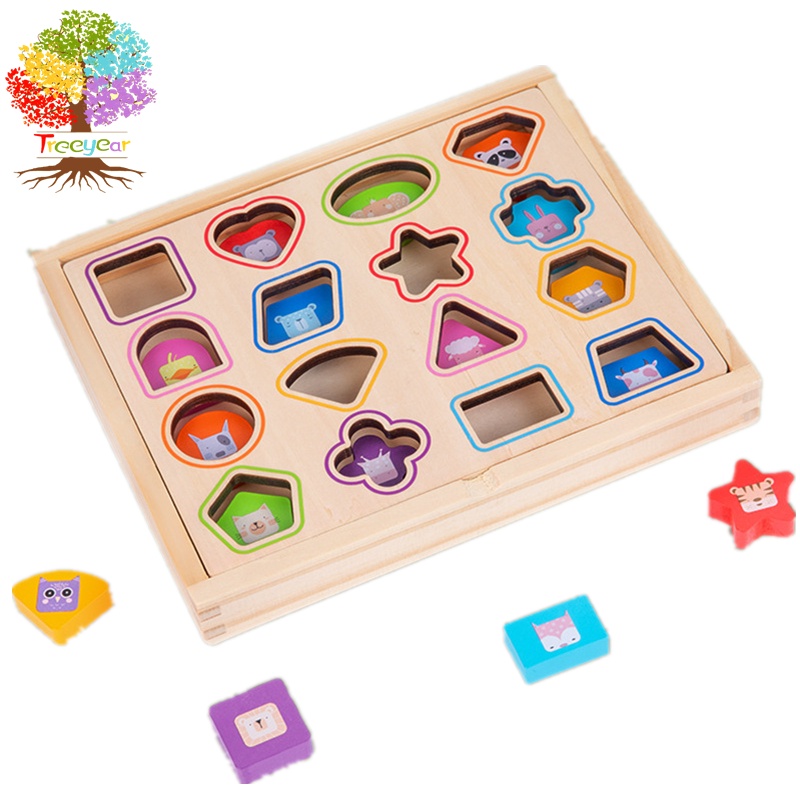 Hộp đồ chơi Treeyear bằng gỗ 16 hình dạng khác nhau giáo dục theo phương pháp Montessori cho bé