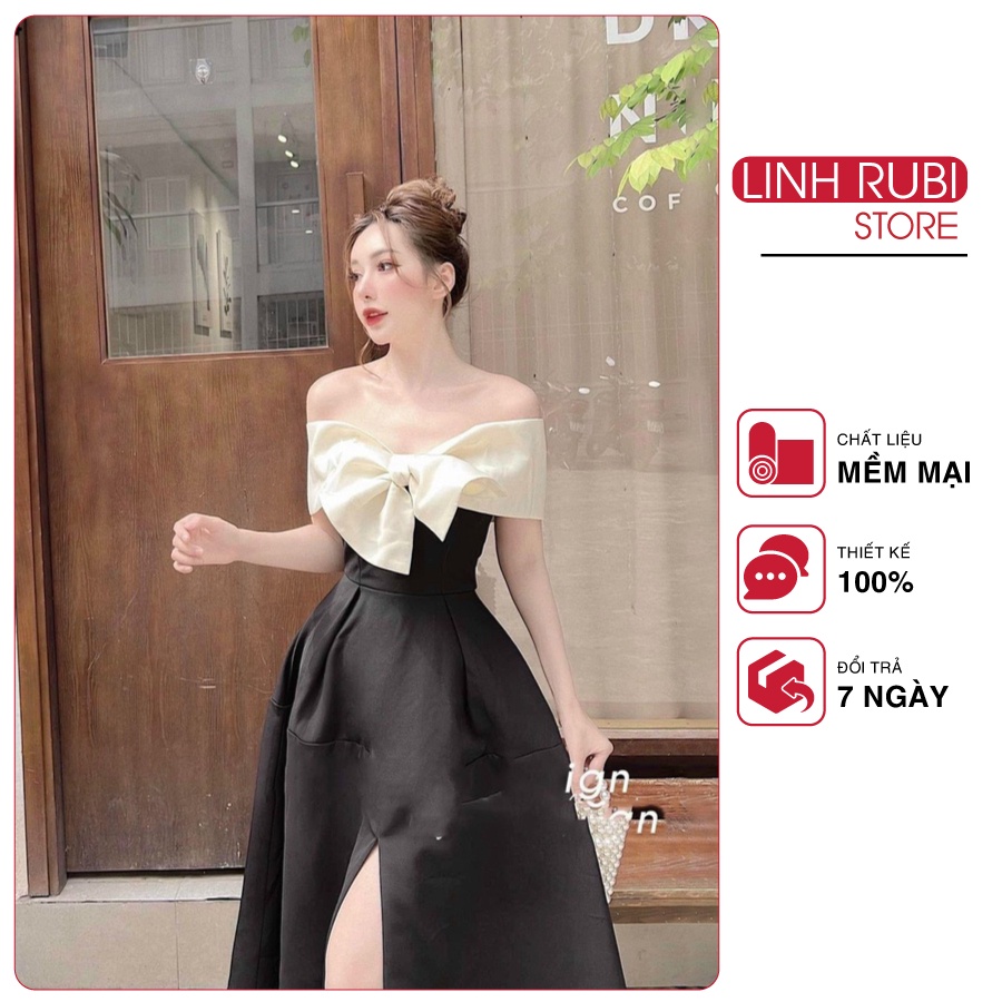 Đầm thiết kế Rubi fashion đầm dự tiệc trễ vai dáng xòe đính nơ ngực chất chéo hàn mềm cao cấp V163