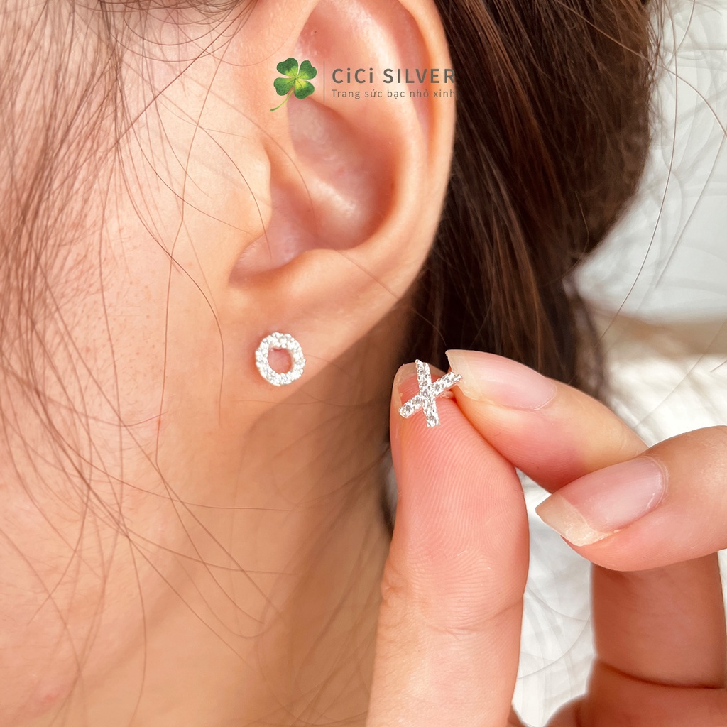 Bông tai bạc chữ XO, khuyên tai nữ bạc 925, chữ X, chữ O, kiểu nhỏ xinh đính đá CiCi Silver