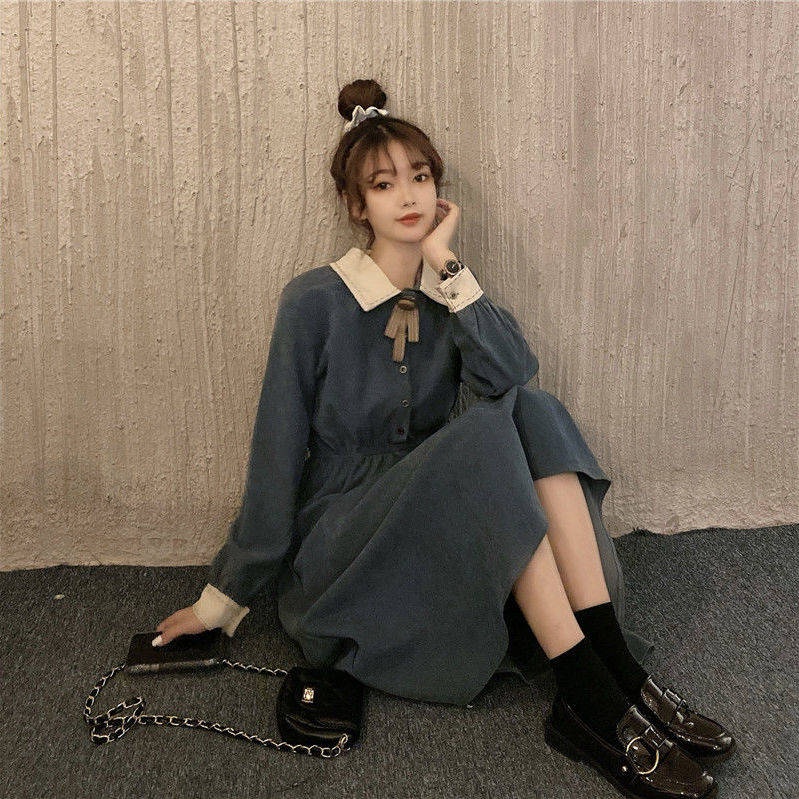 Váy babydoll Đầm Chữ A Tay Dài Ôm Eo Màu Sắc Tương Phản Phong Cách Pháp Cổ Điển Thời Trang Mùa Đông 2020 Cho Nữ