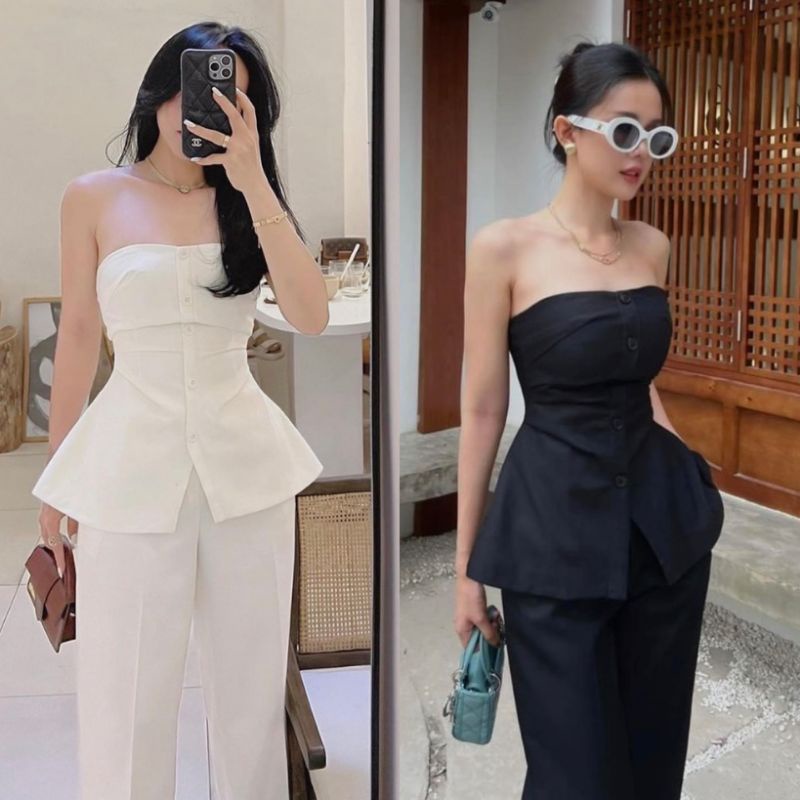 Set áo ống cúp ngực dáng peplum đính nút + Quần tây suông (Trắng/Đen)