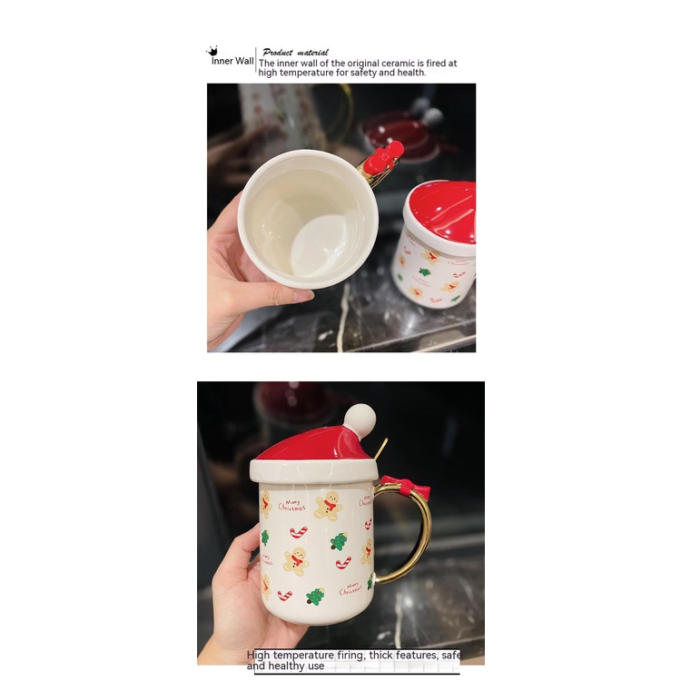 Ly Sứ Uống Nước Kèm Muỗng Và Nắp Đậy In Họa Tiết Giáng Sinh Dễ Thương