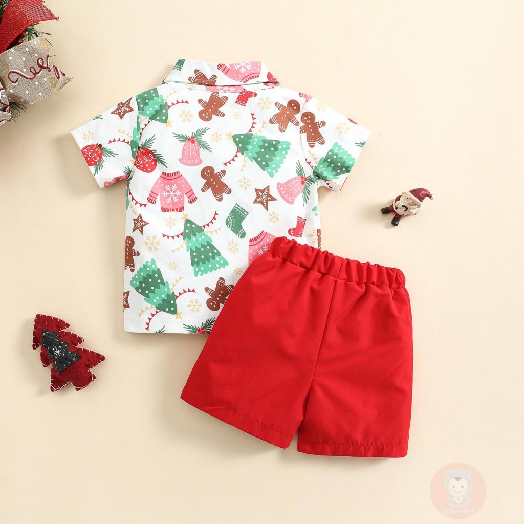 Laa6-boys Set Áo Thun Ngắn Tay In Hình Cây Thông Giáng Sinh Phối Nơ + Quần Short Giản Dị