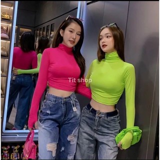 Áo thun tăm croptop cổ lọ dài tay xỏ ngón