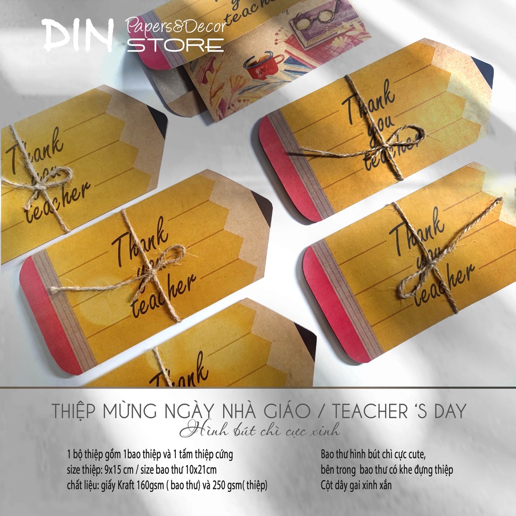 Thiệp Handmade tặng Giáo viên - Mừng ngày nhà giáo Việt Nam 20-11 - Pencil Kraft Card kiểu dáng bút chì- DIN Store
