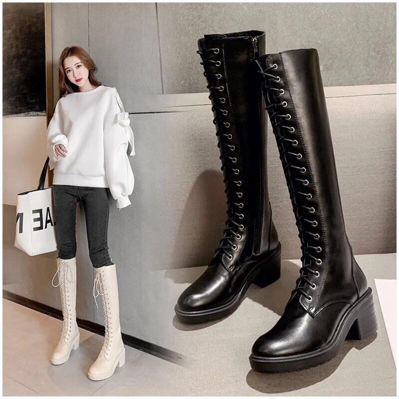 Boot đùi gót vuông cao 7cm khoá sườn kết hợp dây buộc trẻ trung