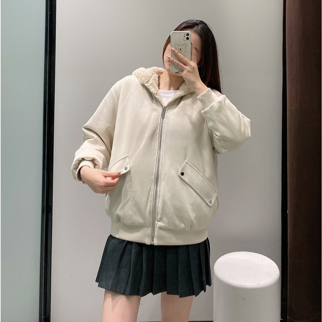 ÁO KHOÁC ZARA XUẤT DƯ TUỒN NỮ CÓ MŨ LÓT LÔNG MẶC ĐƯỢC HAI MẶT MÀU XÁM/KEM - 3046/287