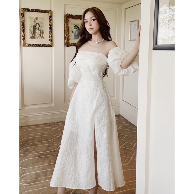Đầm midi gấm trắng nhún thun rớt vai tay phồng
