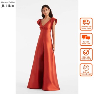 Đầm xòe maxi cổ chữ v satin màu cam sang trọng dự tiệc SachinandBabi jf256