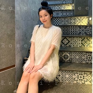 Đầm kem lông lấp lánh có tay