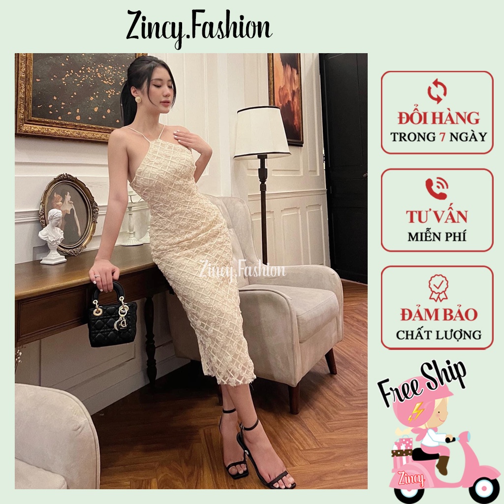 Đầm cổ yếm body dáng dài ren hoa nổi Váy đi tiệc dáng ôm thiết kế sang trọng thanh lịch DCYDRH01
