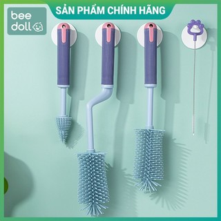 Bộ cọ rửa bình sữa Silicone Beedol cao cấp Tay cầm xoay 360 độ, cọ núm ti, cọ rửa ống hút