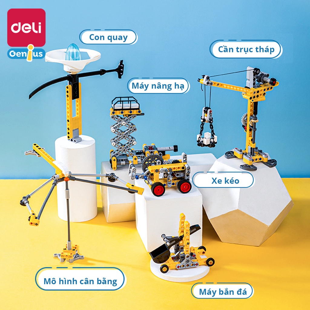 Mô Hình Lắp Ráp Lego Deli Đồ Chơi Giáo Dục An Toàn Cho Trẻ Khoa Học STEM Máy Bắn Đá, Con Quay, Máy Nâng Hạ, Cần Trục
