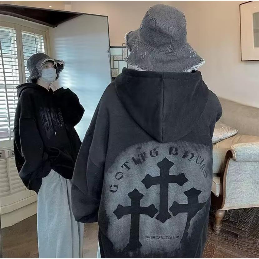 M-8XLáo khoác nam hoodie Tay Dài Dáng Rộng cotton In Chữ Thập Thời Trang Mỹ Thời Trang Unisex