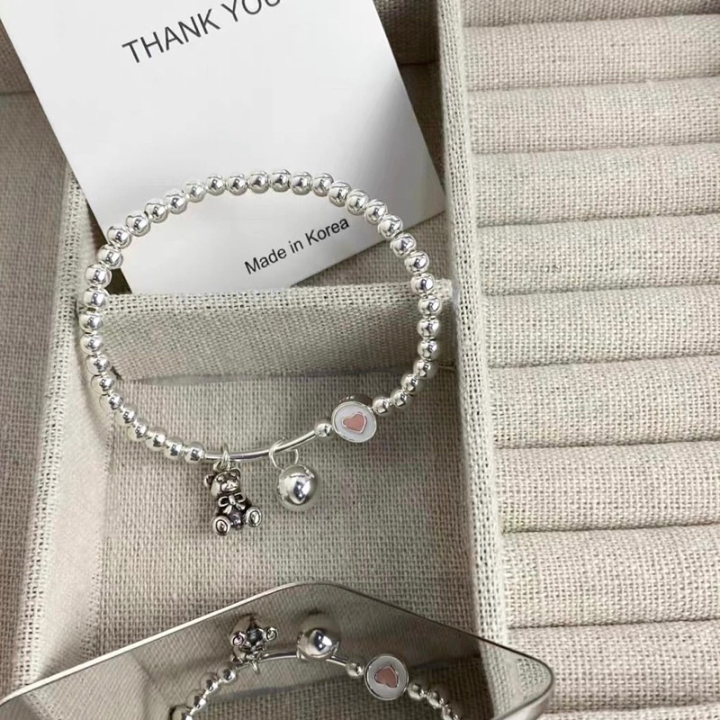 Lắc tay bạc nữ mix charm Bear & Pink Heart