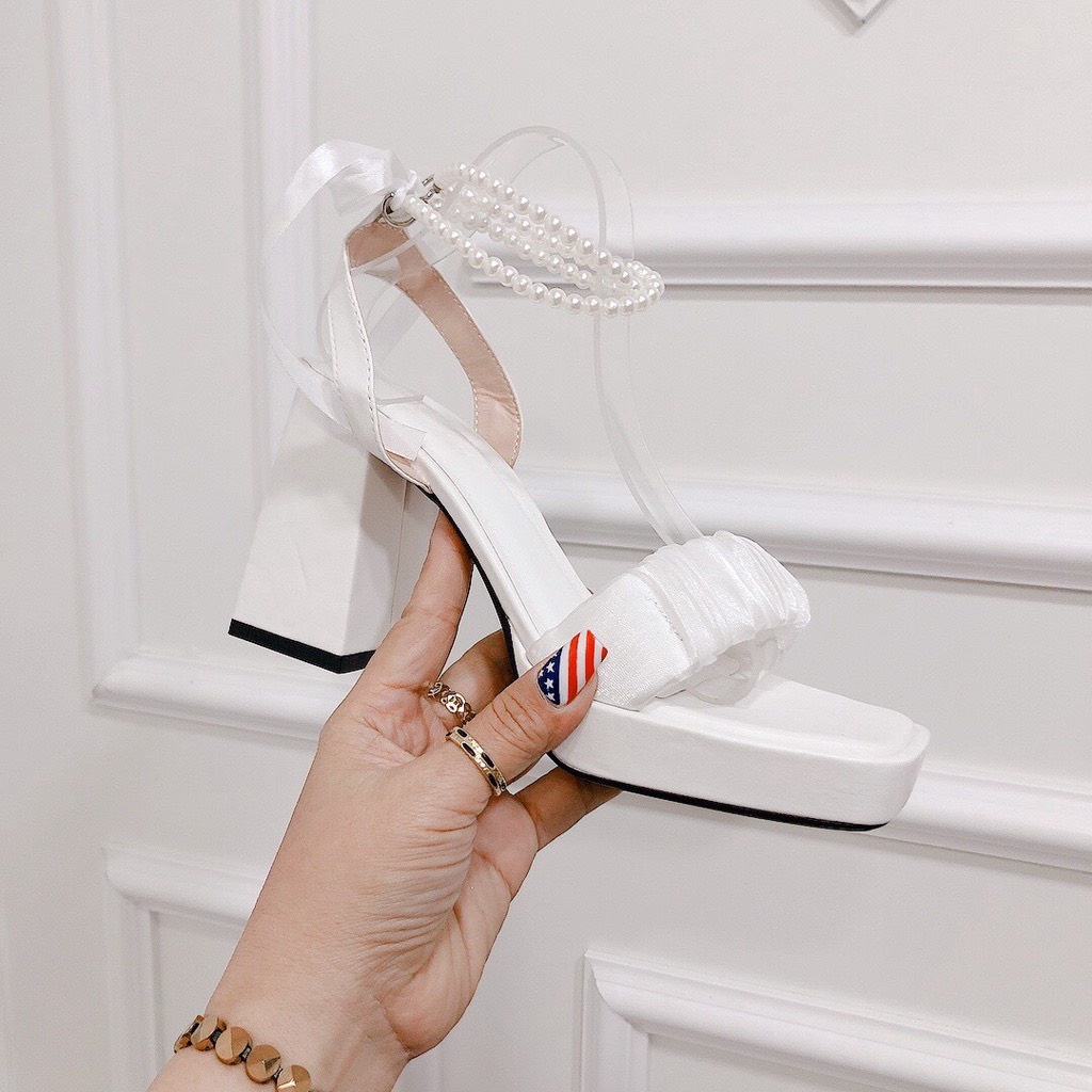 Giày sandal cao gót nữ 10cm đế dày mũi đúp mẫu mới quai dúm dây ngọc quấn cổ siêu hot 10NGOC