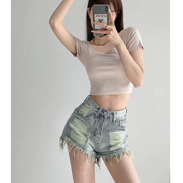 Porozi  Quần short jean denim rách lưng cao thời trang Hàn Quốc cho nữ