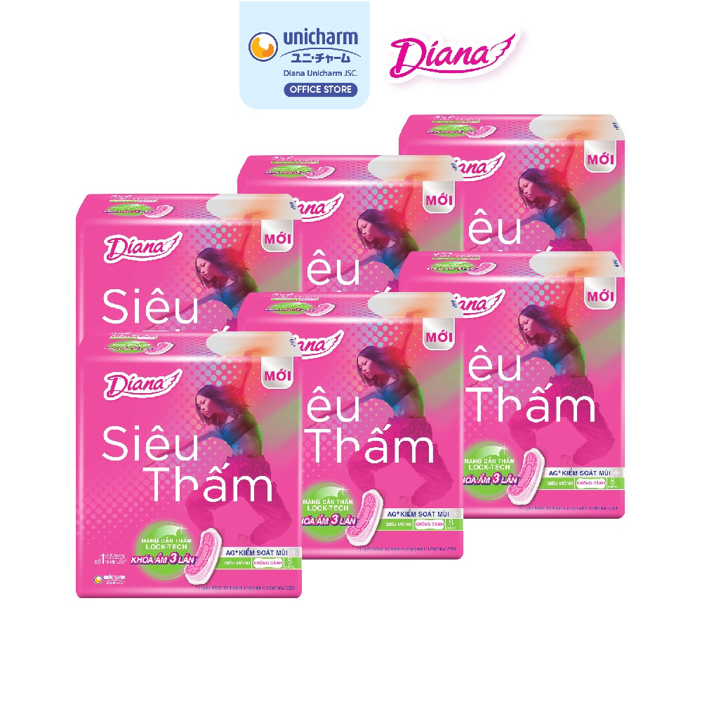 Bộ 6 gói băng Vệ Sinh Diana Siêu thấm Siêu mỏng không cánh (Gói 8 Miếng)