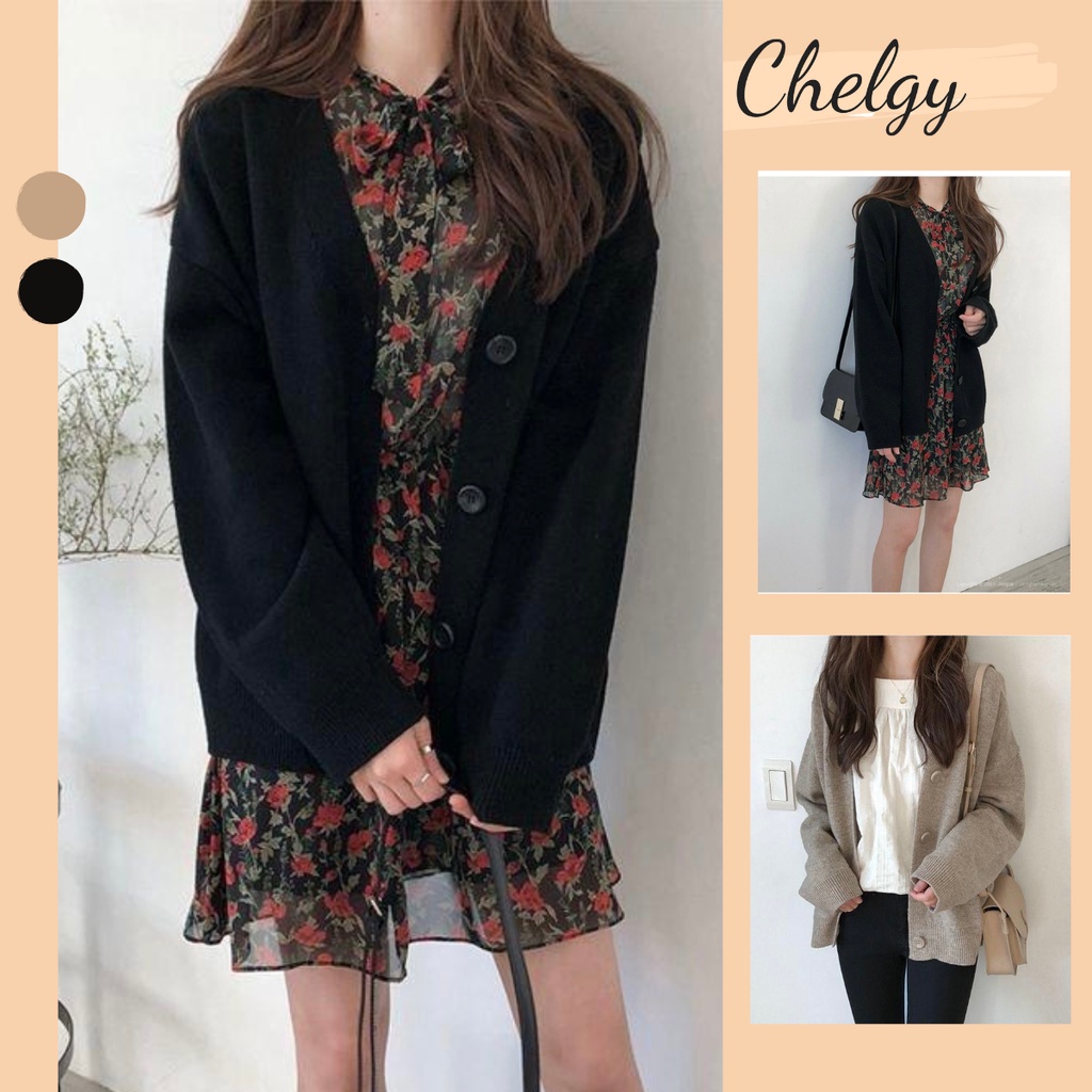 Áo khoác Cardigan Chelgy màu trơn có cúc 2 màu Xám, Đen Basic mùa thu đông CG-CDGBS108