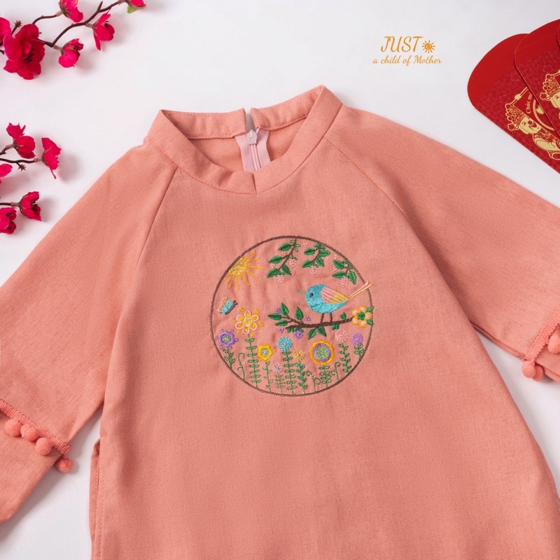 Áo Dài Tết cho bé gái. Chất Vải linen thêu hoa nổi xinh xắn, full Size 9-40kg