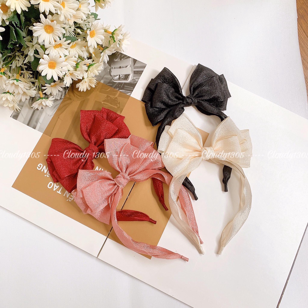 Cài tóc/Bờm tóc voan nhăn nơ đứng dễ thương