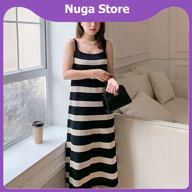 Set đầm len hai dây kẻ ngang dáng maxi mix áo khoác cardigan dài tay, đầm len 2 dây kèm khoác cadigan SVL279
