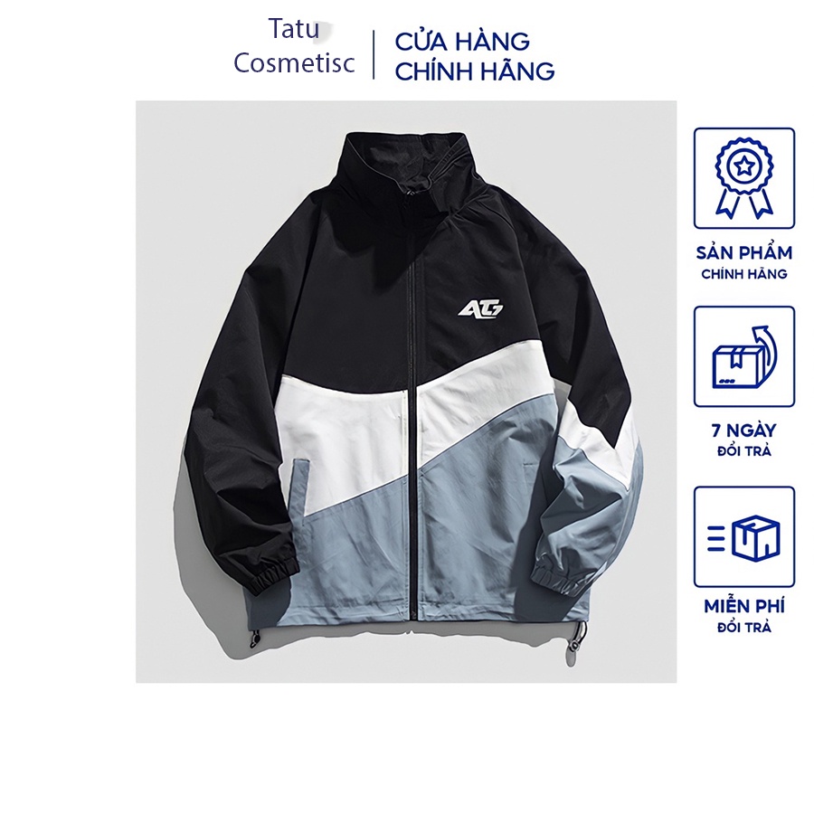 Áo khoác nam unisex cổ đứng vải dù 2 lớp phối màu độc lạ họa tiết chữ AT7 đi mưa,cản gió,chống nắng Tatucosmetisc