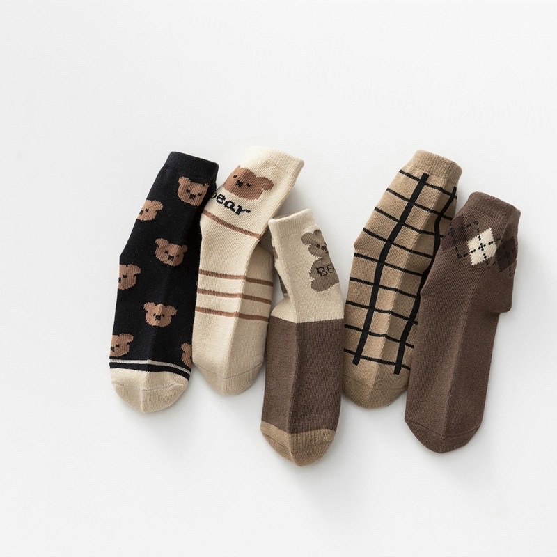 Set 5 đôi tất cho bé trai bé gái họa tiết gấu nâu phong cách hàn