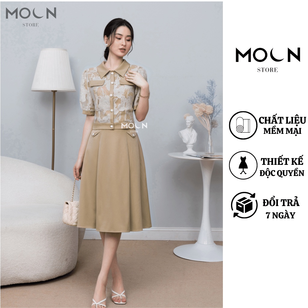 Set váy áo công sở thiết kế độc quyền MOON áo cổ đức thêu hoa, chân váy đầm xòe sang chảnh hàn quốc MSB436