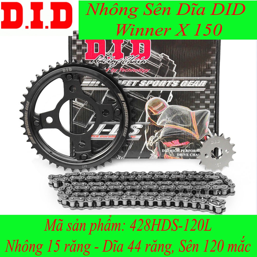 Nhông sên dĩa DID xe Winner X/150 sên đen (sên 10 ly) 428HDS-120L, 15T-44T