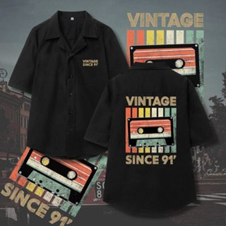 Áo Sơ Mi BEAVER tay ngắn in VINTAGE Cổ Vest Thời Trang Unisex Vải Lụa Chéo