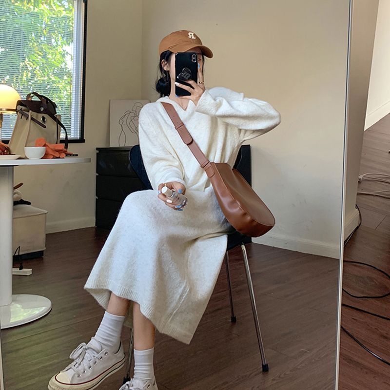 Áo Hoodie Dệt Kim Dày Dáng Rộng Dài Thời Trang Thu Đông Hàn Quốc Mới Cho Nữ