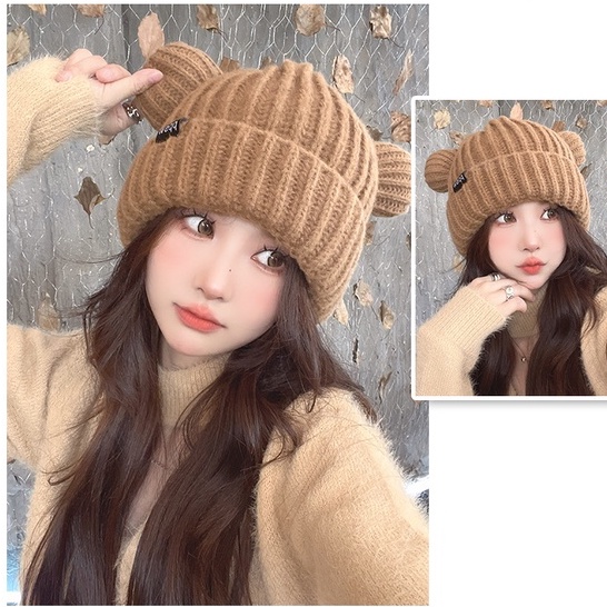 Mũ Len Dệt Kim Lót Lông Cừu Giữ Ấm Tai Mèo Phong Cách Hàn Quốc Nhật Bản Thời Trang Thu Đông Cho Nữ