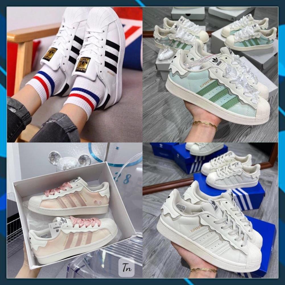 Giày thể thao adidas superstar hồng + xanh kem trắng, giầy das sò 3 sọc hồng, xanh nữ cực chất hot trend 2022