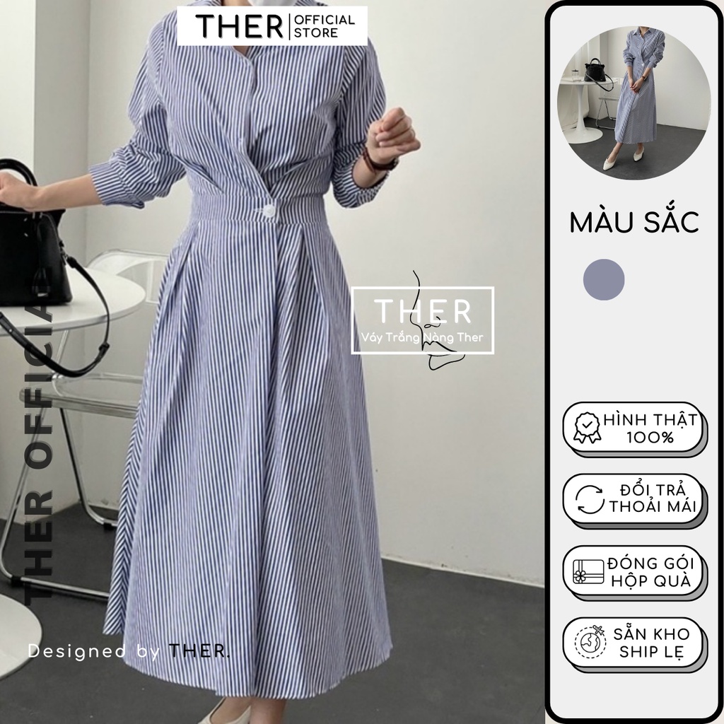 Đầm Nữ Công Sở Cổ V Đắp Chéo Phối Nút Trắng Tay Thanh Lịch, Đầm Sơ Mi Nữ Form Dài Dáng Xoè Sọc Xanh