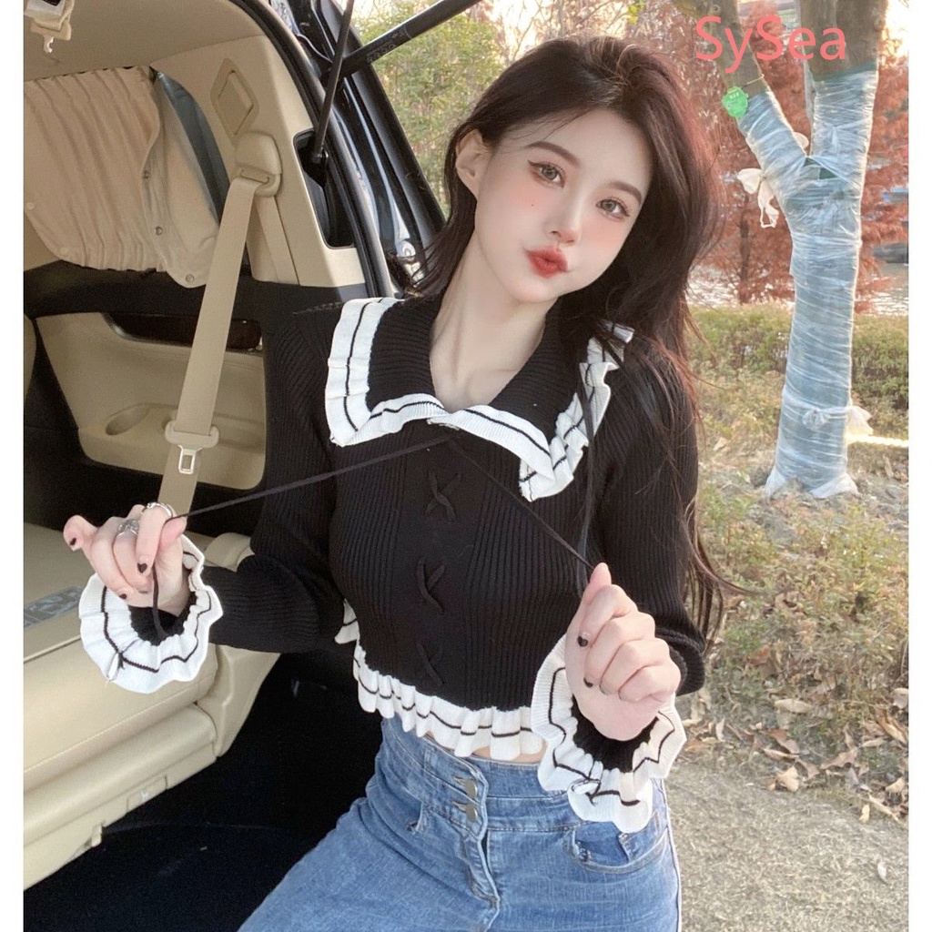 Áo Dệt Kim Phối Ren Dây Rút Thời Trang Mùa Thu Dành Cho Nữ