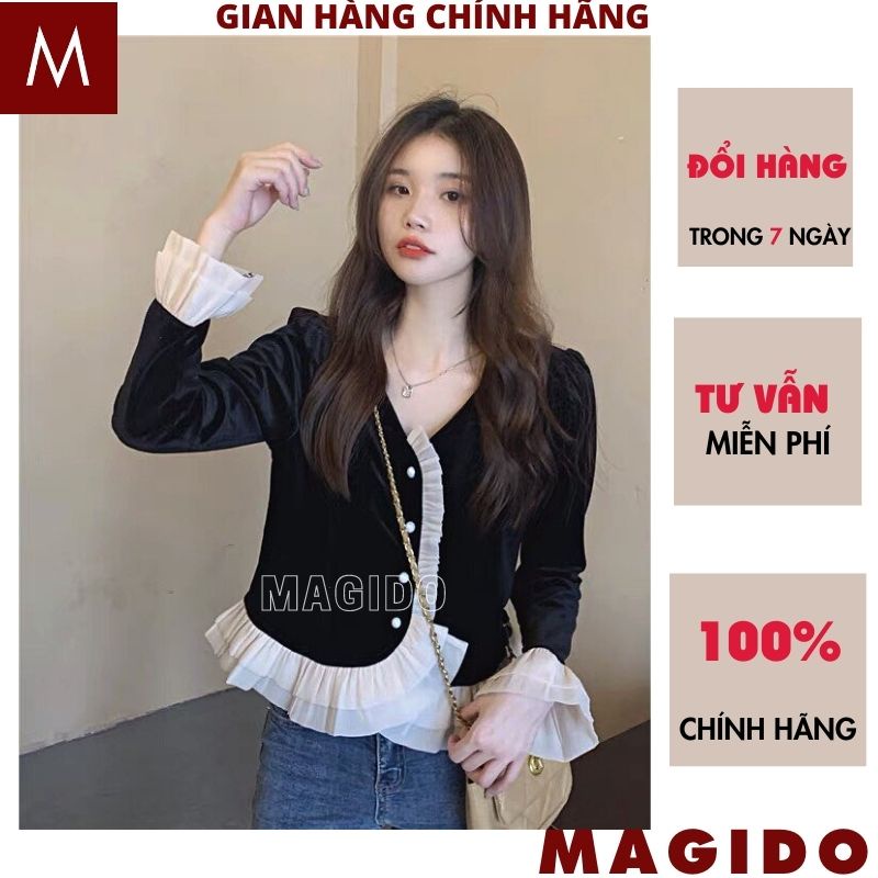 Áo khoác cardigan nhung dài tay viền bèo nữ tính Sang Chảnh, vai đệm phối tơ dập ly viền diêm dúa công chúa - MAGIDO