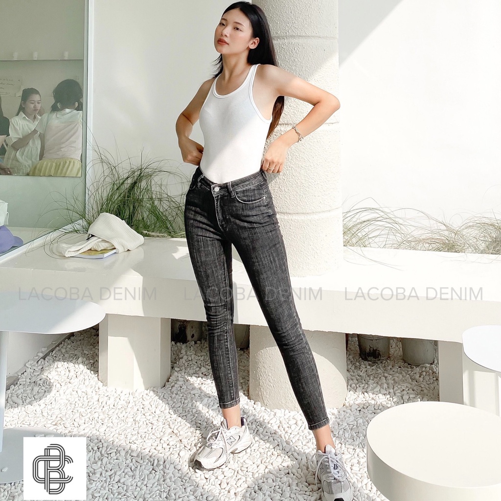 Quần skinny jean nữ màu khói siêu co giãn tôn dáng thêu logo SK04 - La’coba