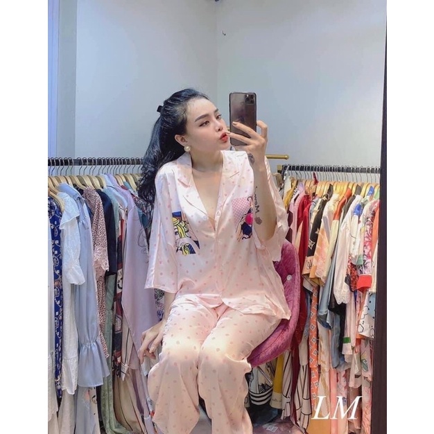 Bộ PAJAMA tay lỡ quần dài hình cô gái lụa satin cao cấp quảng châu