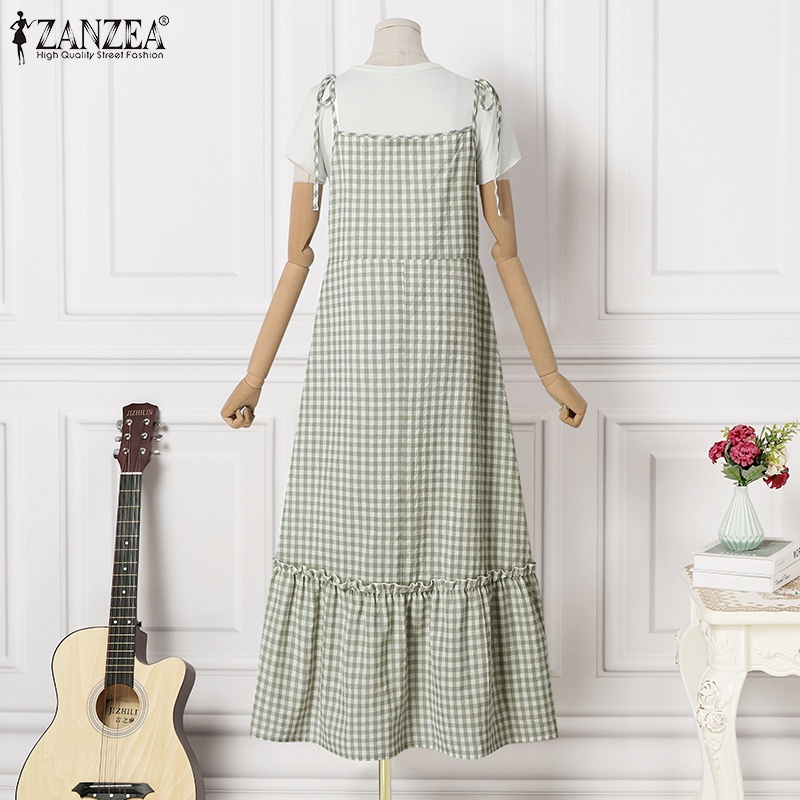 ZANZEA Đầm Hai Dây Viền Bèo Họa Tiết Caro Thời Trang Cho Phụ Nữ Hồi Giáo