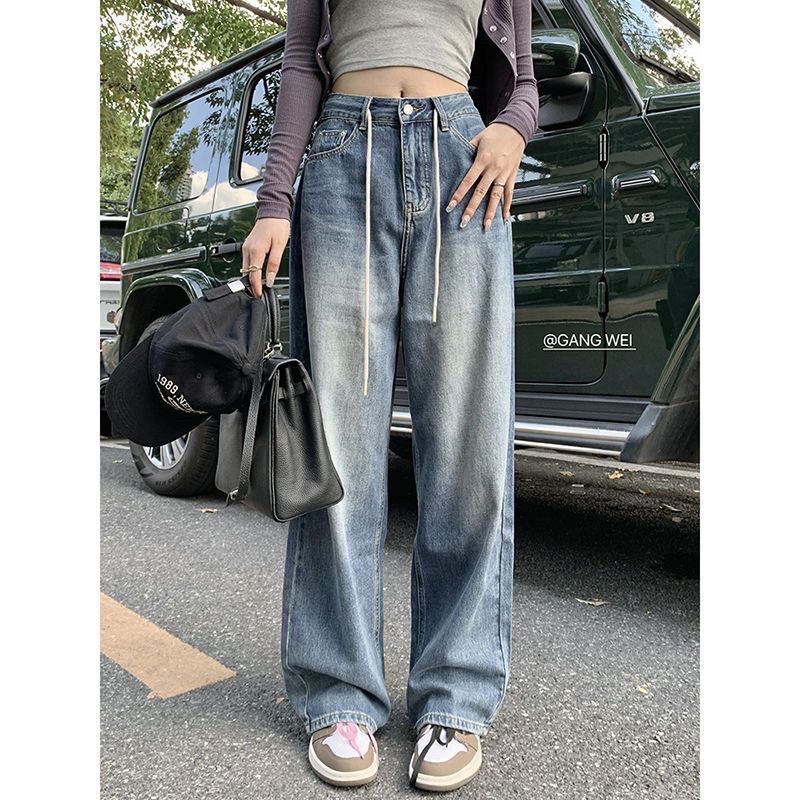 Quần Jeans Bò Ống Rộng Buộc Dây Thể Thao Cá Tính Cạp Cao Phong Cách Ulzzang Y2K Hàn Quốc