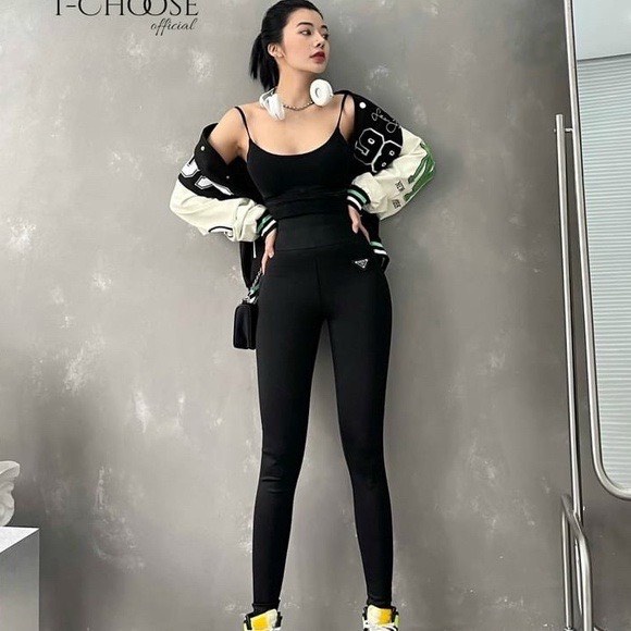 Quần legging nữ cạp cao viền sọc kẻ trắng vạt chéo gen bụng nâng mông dáng quần tregging dài ôm umi hàn gân vải co giãn