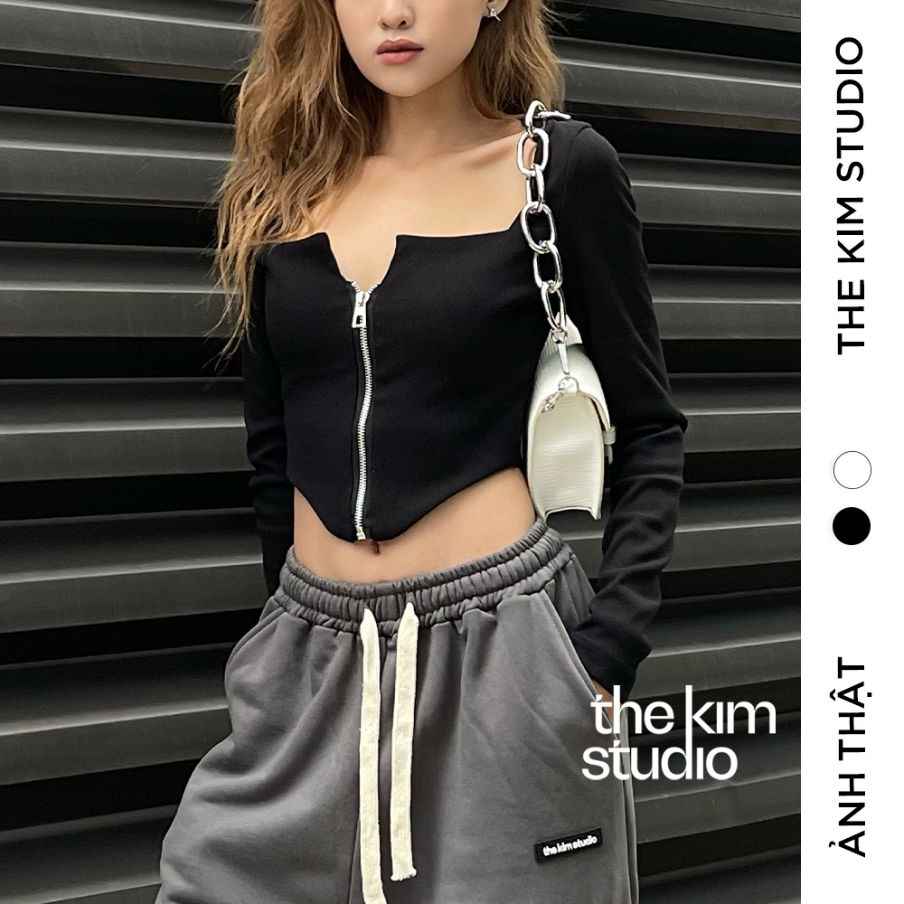 Áo croptop dài tay cổ vuông kéo khóa ngực The Kim , áo thun len tăm tăm tay dài vạt nhọn A162 | BigBuy360 - bigbuy360.vn